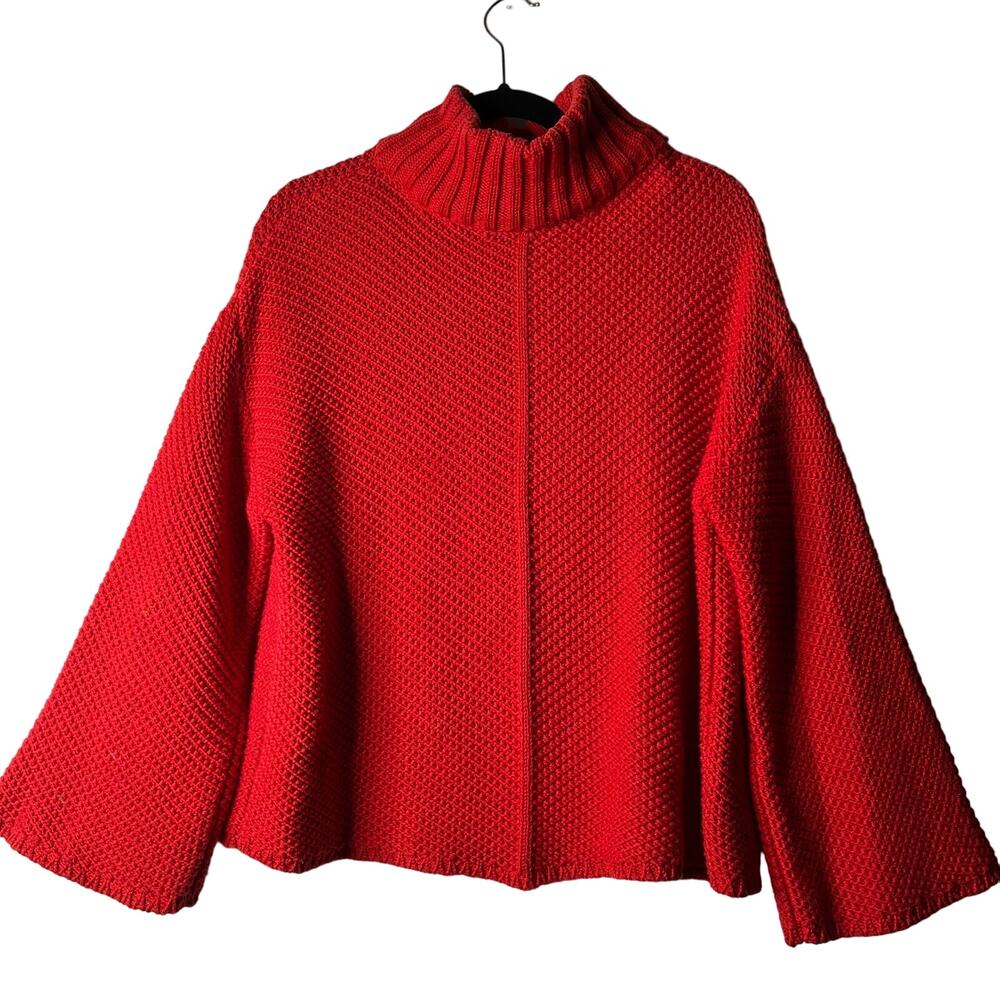 Pull & Bear Red Mock Neck Chunky Knit Bell Sleeve Sweater Medium